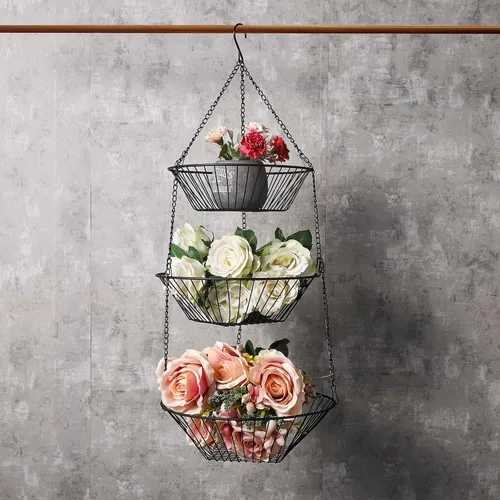 Vista 4 de JUNCHU CHERRY Cesta colgante de frutas de 3 niveles, 2 paquetes, almacenamiento para colgar en la pared, cesta de organización de cocina y baño