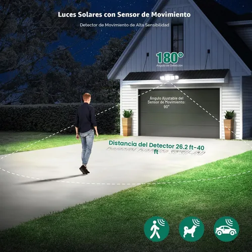Vista 7 de Luces solares para exteriores, 4000LM con 5 cabezas, sensor de movimiento, 236 LEDs, 3 modos, luces de pared de seguridad IP65 impermeables, luces