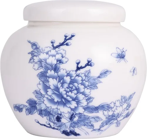 Vista 7 de XINGYAN Tarro de jengibre pequeño de cerámica de porcelana china tradicional azul y blanca con tapa, para almacenamiento de té, decoración