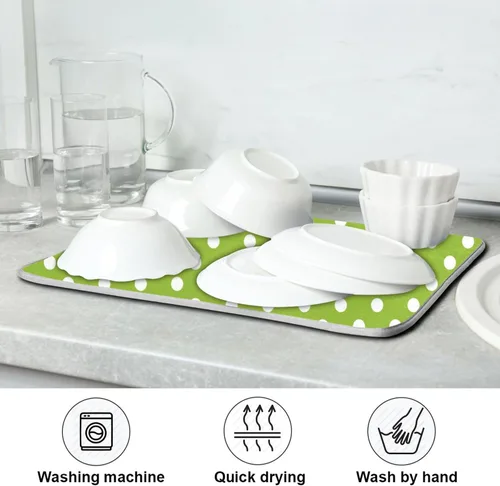Vista 7 de Tapete de secado de platos verde para cocina, tapete de secado de microfibra verde menta con lunares blancos, tapete de secado de microfibra