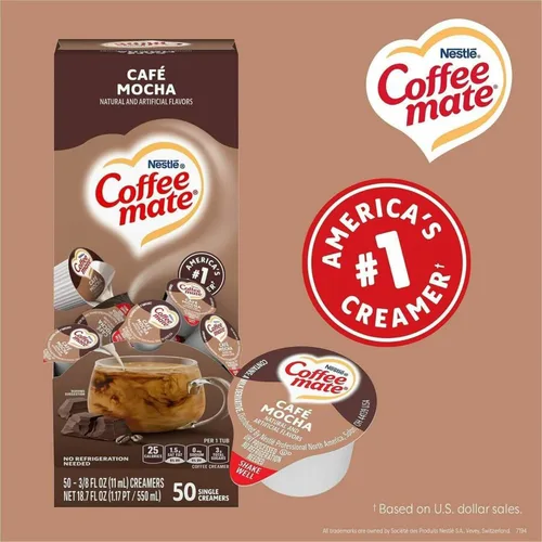 Vista 4 de Coffee Mate, Café líquido 0.375 oz, paquete surtido (4 sabores), 200 unidades Original, Café Mocha, vainilla francesa y avellana, porciones