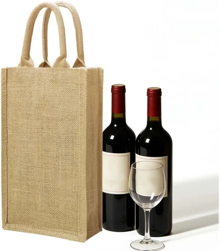Vista 5 de Bolsa de vino de yute doble Dou con asas de algodón suave para 2 botellas Bolso reutilizable de yute natural para bodas, fiestas, regalos