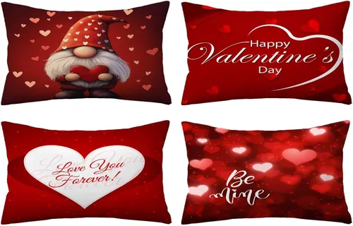 Vista 11 de YeeJu Juego de 4 fundas de almohada de 12 x 12 pulgadas con diseño de gnomo de corazón rojo con texto en inglés «Happy Valentines Day», fundas