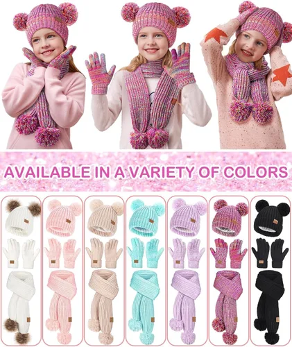 Vista 3 de Remifa Conjunto de bufanda y gorro de invierno para niños y niñas, con forro polar con pompón, bufanda larga, guantes cálidos