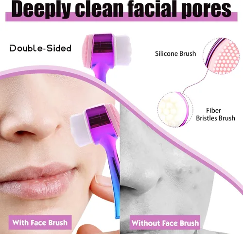 Vista 4 de Cepillo de limpieza facial 2 en 1 cepillo de limpieza facial de doble cara con cerdas suaves para exfoliación profunda de poros, maquillaje
