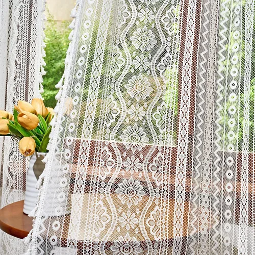 Vista 19 de MYSKY HOME Cortinas de encaje beige para puerta francesa de 40 pulgadas de largo, 2 paneles de cortinas florales bohemias transparentes para puerta