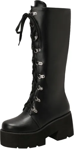 Vista 81 de Parisuit Botas góticas altas hasta la rodilla con hebilla de plataforma para mujer, tacón alto grueso, con cordones, botas de combate punk, con Negro