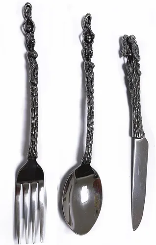 Vista 4 de Vajilla de acero inoxidable con aspecto moderno, gran regalo para Halloween, Pascua y Navidad (plata, rosa)