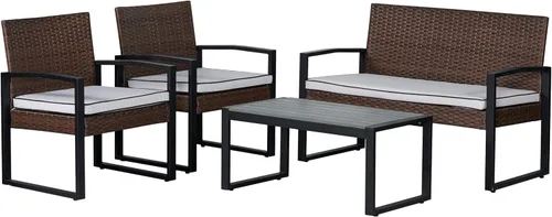 Vista 9 de JONATHAN Y Wilder - Juego de patio al aire libre de 4 piezas, color blanco lavado PE Rattan Woven Conversation Seating, Acacia Wood Table, Black