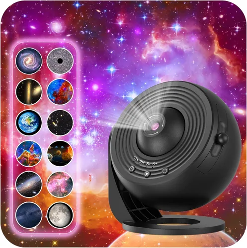 Vista 8 de Proyector de galaxia para dormitorio, proyector de estrellas de imagen HD, luz de galaxia con perilla ajustable, 13 discos de película, planetario