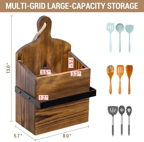 Vista 5 de MyGift Soporte rústico para utensilios de madera maciza montado en la pared con barra de toalla – Estante organizador de cocina estilo tabla