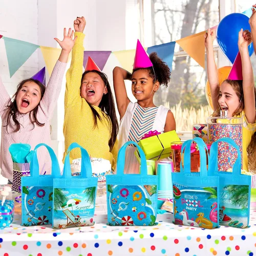 Vista 5 de Sweetude 36 bolsas de recuerdo de fiesta en la piscina, 4 diseños de bolsas de regalo de verano con asas, regalo de playa no tejidas para piscina