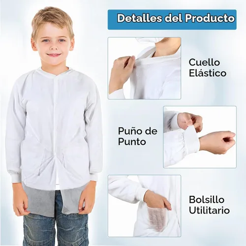 Vista 3 de 10 abrigos de laboratorio desechables para niños, abrigos de ciencia blancos a granel para niños con puños de punto elástico y cierre frontal a