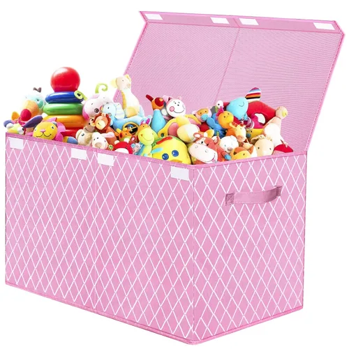 Vista 11 de Caja organizadora de juguetes para niños y niñas, contenedor grande de almacenamiento de tela plegable con tapa abatible y asas para ropa, manta
