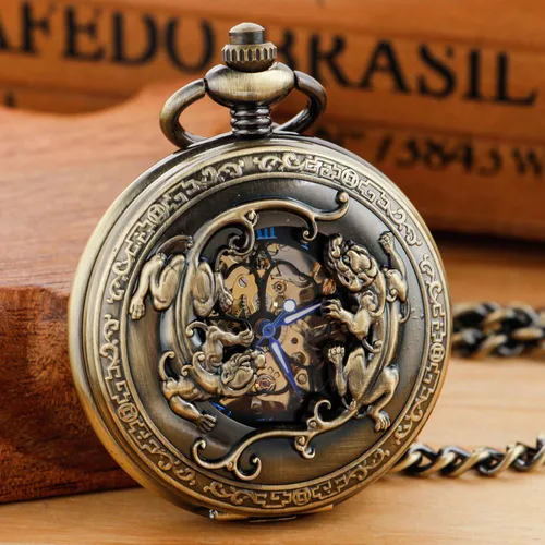 Vista 3 de Bronze Retro Mechanical Pocket Watch Skeleton Roman Numerals Hollow Mechanical Pocket Watches with Box M100