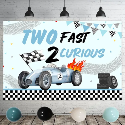 Vista 5 de Two Fast Two Curious - Decoraciones de cumpleaños para niño, decoración de segundo cumpleaños de coche de carreras, arco de globos azules y negros