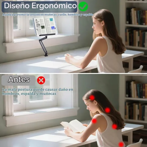 Vista 4 de ASIEIT Soporte para libros con abrazadera de escritorio, soporte de aluminio para libros de altura y ángulo ajustables, soporte para libros de Negro