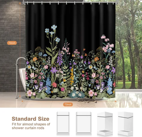 Vista 2 de Cortina de ducha Lalumix negra floral, cortinas de ducha con flores para baño con 12 ganchos, juegos de cortinas de ducha de tela de poliéster