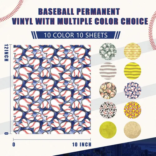 Vista 2 de Tintnut Vinilo permanente de béisbol, 10 hojas de 12 x 10 pulgadas, láminas de vinilo adhesivo permanente con patrón deportivo, a prueba de agua