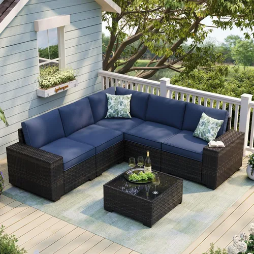 Vista 16 de JOYURE Juego de muebles de patio de 5 piezas, sofá de exterior con cojines impermeables, sofá de patio en forma de L de ratán y mesa auxiliar Gris