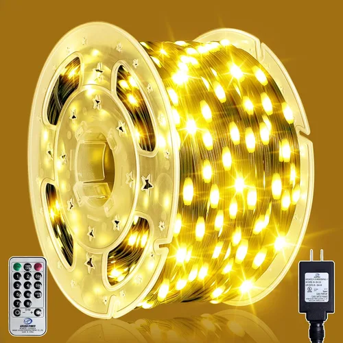 Vista 10 de Tira de luces LED para exteriores de 132 pies, 400 luces LED enchufables IP67, impermeables, con control remoto, 11 modos regulables, blanco cálido