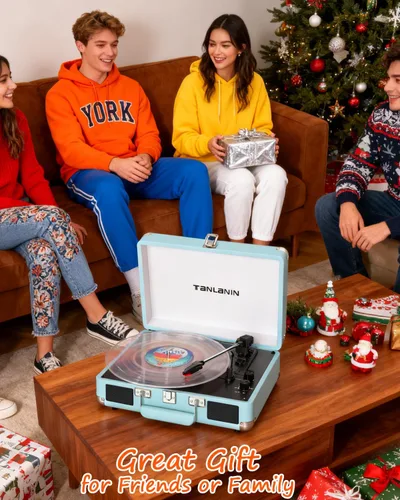 Vista 8 de Tocadiscos de maleta Bluetooth con altavoces integrados, control de graves y agudos, tocadiscos de transmisión por correa de 3 velocidades