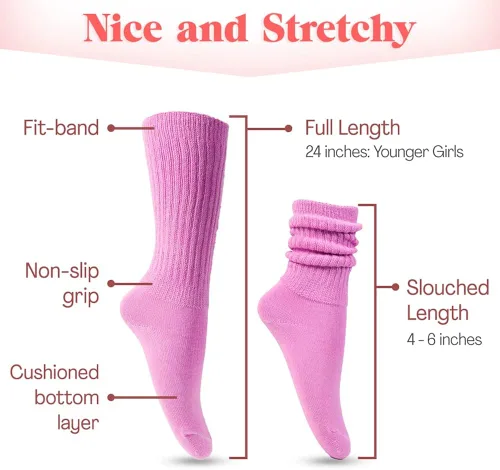 Vista 4 de HOT FEET Slouch Socks for Women 2 Pairs and Little Girls 6 Pairs - Colorful Scrunch Socks, 80s 90s Long Knee High Socks.