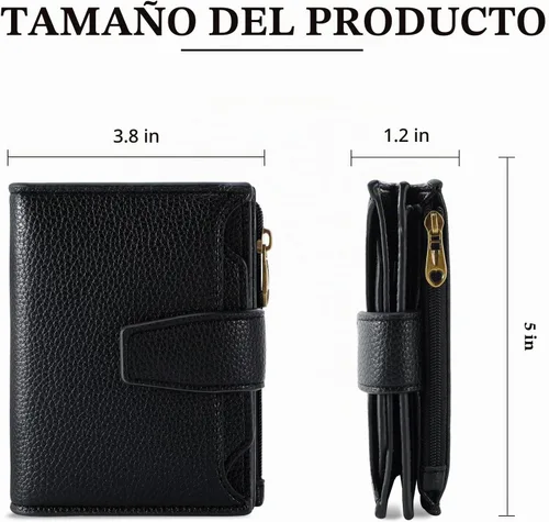 Vista 3 de Carteras de cuero para mujer con bloqueo RFID, billetera delgada, plegable, tarjetero con cremallera, bolsillo para monedas, ventana para A-Negro