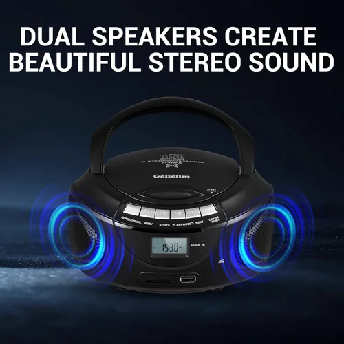 Vista 5 de Gelielim Reproductores de CD portátiles para el hogar, Boombox de CD con radio estéreo AM/FM, Bluetooth, USB, tarjeta SD, unidad MMC, entrada