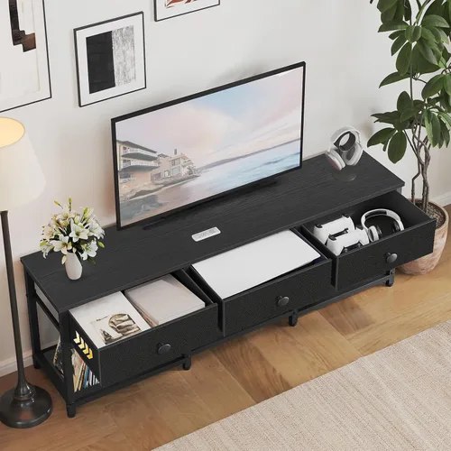 Vista 4 de YATINEY Soporte de TV con 3 cajones de tela para TV de hasta 50 pulgadas, consola multimedia industrial de 47.2 pulgadas, centro de entretenimiento