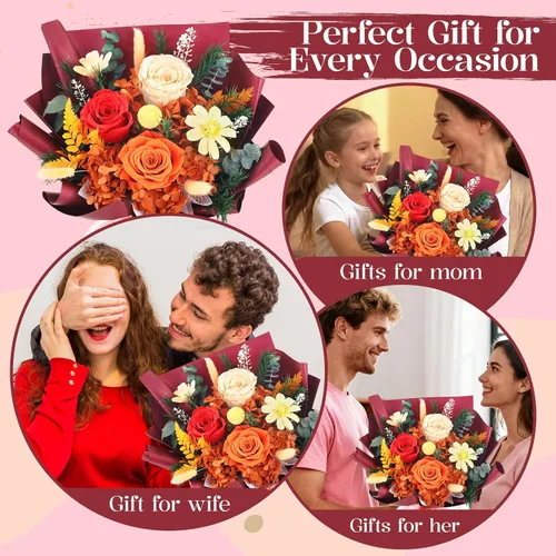 Vista 7 de Flores preservadas para entrega, ramo de flores naranjas frescas con caja de regalo, regalos de rosas eternas para mujeres, mamá, esposa en Navidad