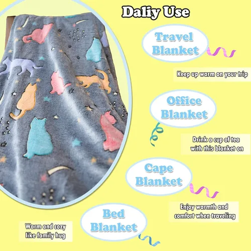 Vista 4 de El mejor regalo que brilla en la oscuridad, lindas mantas de gato con bolsa de almacenamiento, manta para niños, mantas suaves para niñas y niños