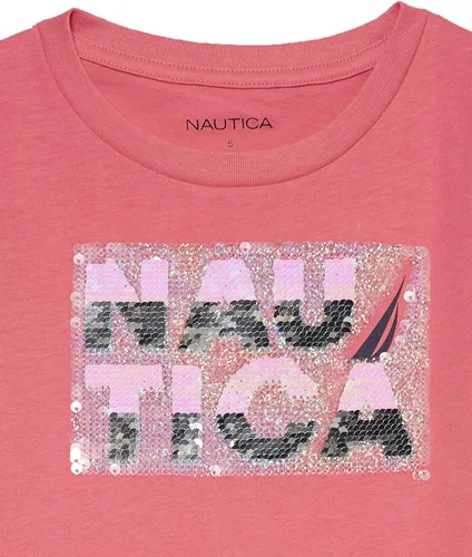 Vista 4 de Nautica Camiseta de manga corta para niña con diseño de lentejuelas abatibles, camiseta de algodón con interior sin etiqueta