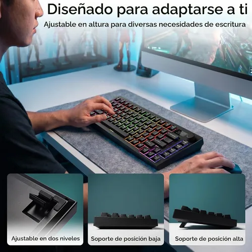 Vista 7 de TECWARE Spectre 75% Teclado mecánico RGB para juegos Pantalla LCD personalizable Modo inalámbrico tri con perilla Montaje con junta Zócalos