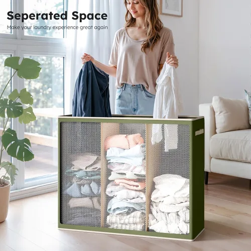 Vista 4 de SOLEDI Cesta de lavandería de 3 secciones de 180L con tapa, cesta de ropa sucia extragrande con asas resistentes para lavandería y dormitorio