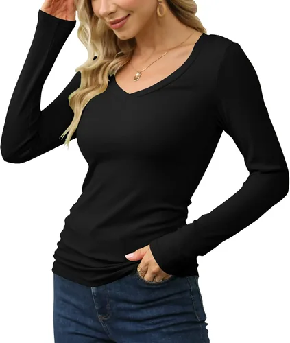 Vista 2 de GEMBERA Camisetas básicas de manga larga con cuello en V para mujer, estilo casual, ajustadas, básicas