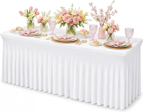 Vista 8 de Fixwal Paquete de 2 manteles de elastano negro para mesa rectangular de 4 pies, falda de mesa para fiesta, espectáculo, boda y cumpleaños