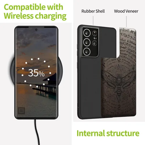 Vista 5 de Carveit Funda de madera para Galaxy S21 Ultra (madera maciza y TPU suave negro), a prueba de golpes, funda protectora de madera compatible