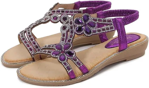 Vista 2 de Sandalias planas para mujer con tiras en T, cuentas de diamantes de imitación y flores de diamantes de imitación, sandalias para llevar con vestido