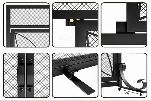 Vista 5 de Fire Beauty Chimenea Pantalla Puertas Magnéticas Metal Spark Guard Negro Estructura ajustable estable del pie, bisagra ocultada del piano