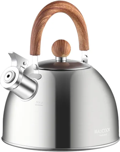 Vista 11 de Hervidor de té de acero inoxidable 18/8 para estufa (2L / 2.1 cuartos, tetera silbante, mango de madera) - Plateado