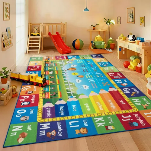 Vista 11 de ST. BRIDGE Alfombra Educativa para Niños para Sala de Juegos 3x5 Pies, Alfombra de Juego Antideslizante con Alfabeto ABC, Números y Animales