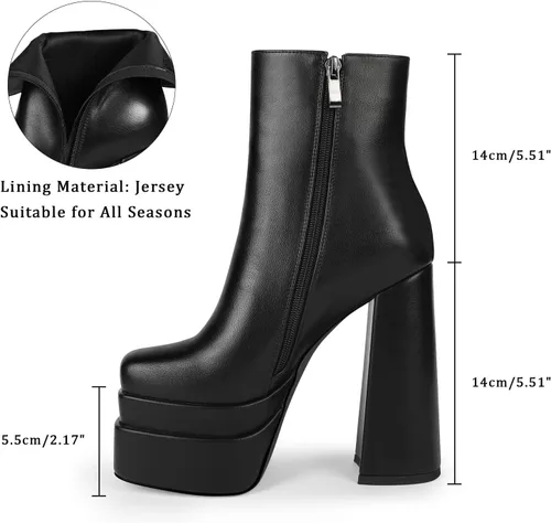 Vista 3 de WETKISS Botas de plataforma para mujer, con plataforma atrevida, tacón grueso, punta cuadrada y zíper lateral