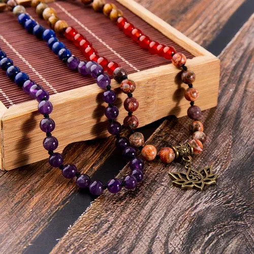 Vista 5 de Bivei 7 Chakra 108 Mala Beads Bracelet Real Gemstone Yoga Meditation Hand Knotted Mala Prayer Bead Necklace