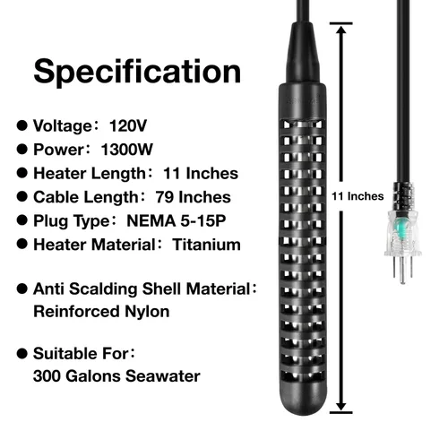 Vista 2 de GRILLME Calentador de Agua de Inmersión Eléctrico Portátil Totalmente Sumergible de Titanio de 1300W, Calentador de Agua de Cubo, Calentador de Agua