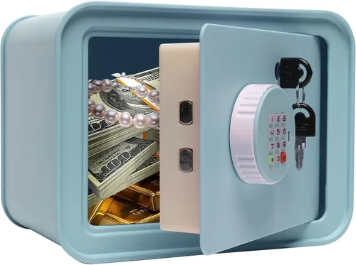 Vista 4 de Mini caja de seguridad pequeña para niños, alcancía para niños y niñas, caja fuerte azul con llave