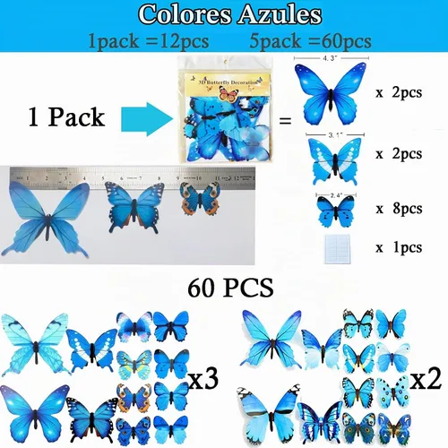 Vista 4 de Ewong 60 piezas de decoración de pared de mariposa 3D, calcomanías de pared Azul