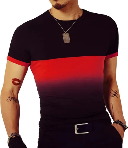 Vista 2 de Camiseta ajustada para hombre, color contrastante, costuras degradadas, manga corta, algodón