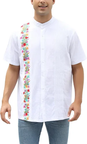 Vista 9 de Camisas mexicanas para hombre, camisas de vestir tradicionales de guayabera para hombre, con botones, cuello de banda, camisa de vestir para fiesta