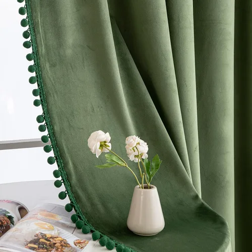 Vista 6 de MIULEE - Cortinas de terciopelo con pompón verde oliva para dormitorio/sala de estar, cortinas opacas de 84" de largo, con aislamiento térmico